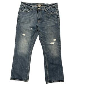 AXE & CROWN W38 (36) blue distressed Rumble bootcut back pocket embroidered jean